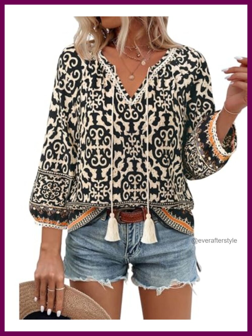 Boho Floral Print Blouse V Neck 3/4 Lantern Sleeve Tie Front